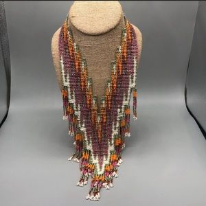 Pink Orange Seed Bead Necklace Oversized Bib Statement Flat Aztec Boho 30"
